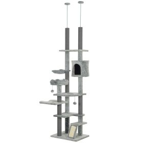 PawHut 89"-100" Floor to Ceiling Cat Tree, Morden Cat Tower with Hammock, Scratching Post & Toy Balls, Indoor Cat Activity Center, Gray