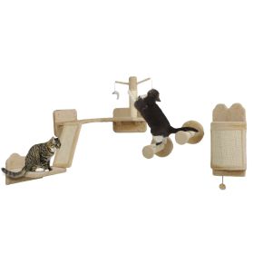 PawHut 4PCs Corner Design Cat Wall Shelve with Scratching Post, Scratching Board, Perches, Cat Wands, Toy Ball, Beige
