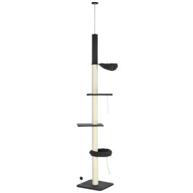 PawHut Cat Climbing Tower Floor to Ceiling 5-Tier Adjustable 95''-106'' with Hammock Scratching Post Toy Ball Black Cream