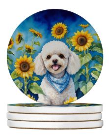 White Poodle in Sunflowers Large Sandstone Coasters Pack of 4 Absorbent Round Coasters Decor Gifts for Men or Women, 4 in, Multicolor