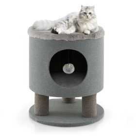 3-in-1 Cat Condo Stool Kitty Bed with Scratching Posts and Plush Ball Toy (Color: Gray)